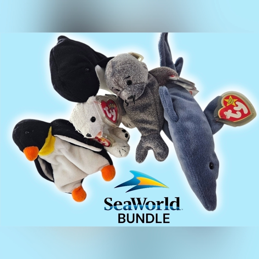 Ty Beanie Babies “SeaWorld Bundle” 5-Piece Set – Chomp, Slipper, Waves, Aurora